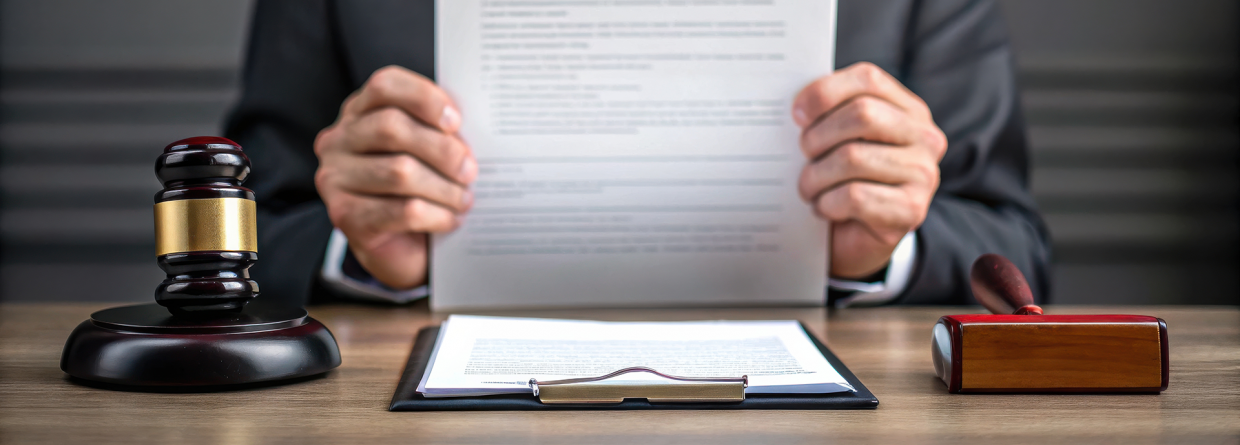 Een man in pak houdt een document vast ernaast ligt een rechtshamer en een stempel